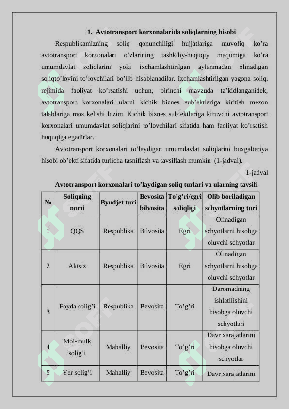 Аvtоtrаnspоrt kоrхоnаlаridа soliqlar, majburiy ajratmalar va to’lovlar hisobi 2
