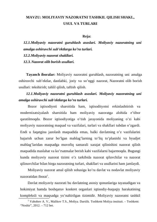 MOLIYAVIY NAZORATNI TASHKIL QILISH SHAKL,  USUL VA TURLARI