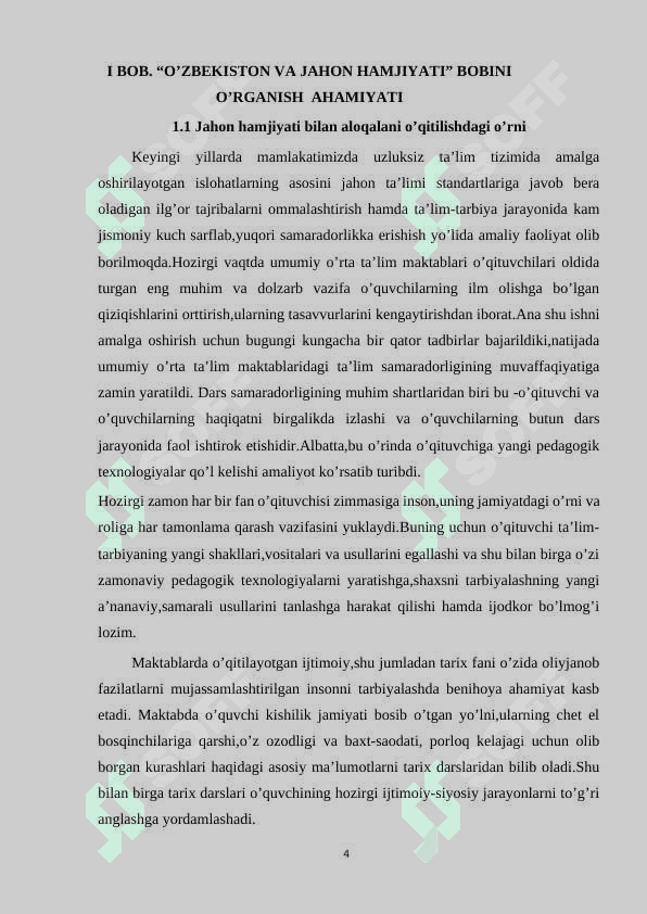 Maktablarda o'zbekiston va jahon hamjiyati  bobini o'rganish 4