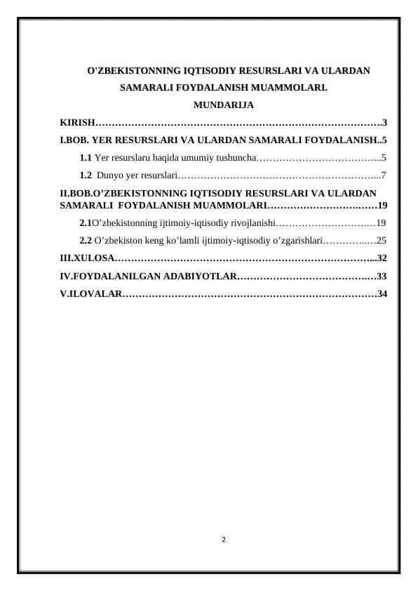 O'ZBEKISTONNING IQTISODIY RESURSLARI VA ULARDAN SAMARALI FOYDALANISH MUAMMOLARI