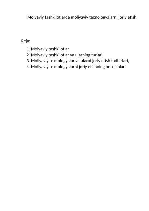 Molyaviy tashkilotlarda moliyaviy texnologyalarni joriy etish