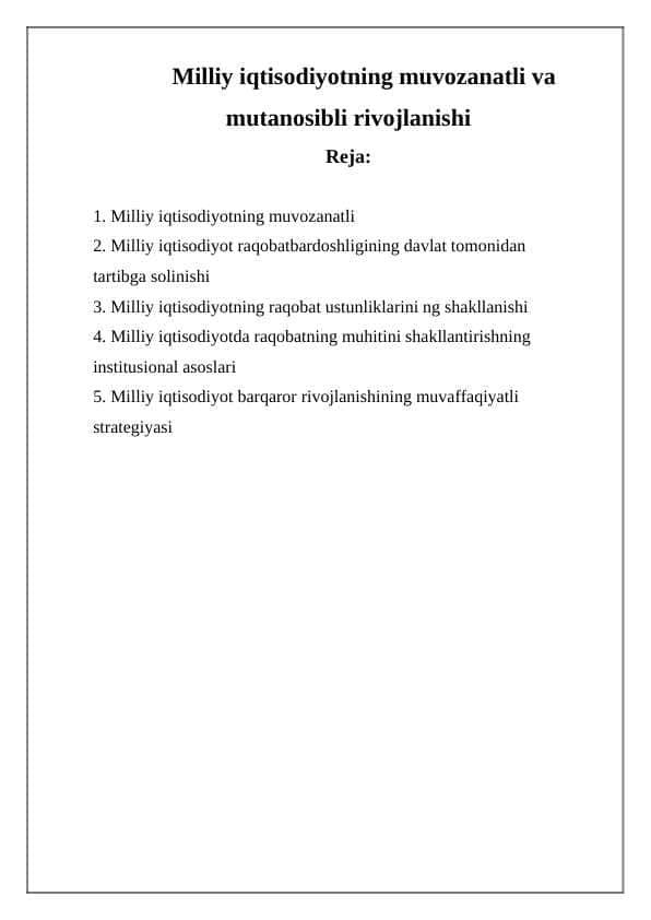 Milliy iqtisodiyotning muvozanatli va mutanosibli rivojlanishi