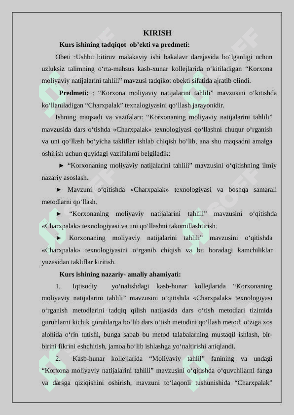 Korxonaning moliyaviy natijalarini 2