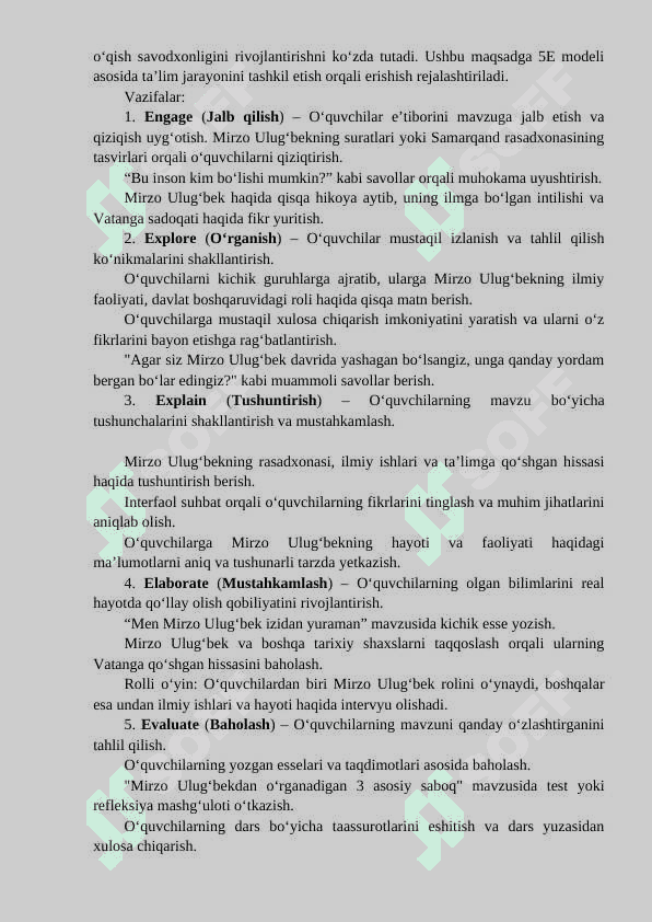2- sinf o‘qish savodxonligi darslarida  “Mirzo Ulug‘bek’’ mavzusida o‘quvchilarda vatanparvarlik tuyg‘ularini shakllantirish usullari 5