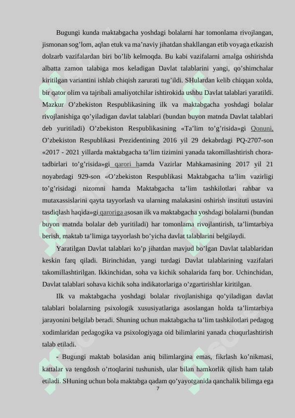 Ilk maktabgacha yoshdagi bolalar rivojlanishiga qo’yiladigan davlat talablari 7