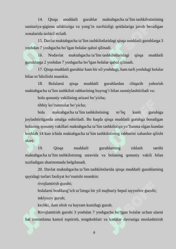 Maktabgacha ta’lim tashkilotlarida qisqa muddatli guruhlar tashkil etish 8