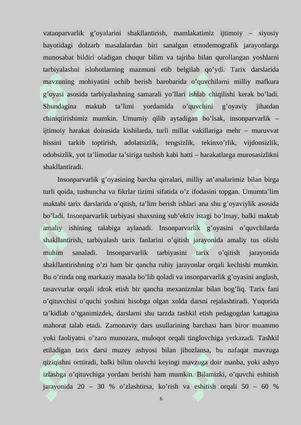 TARIX DARSLARIDA YOSHLARDA MILLIY QADRYATLARGA HURMAT TUYGUSINI SHAKLLANTIRISH 6