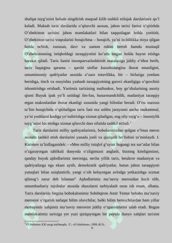 TARIX DARSLARIDA YOSHLARDA MILLIY QADRYATLARGA HURMAT TUYGUSINI SHAKLLANTIRISH 8