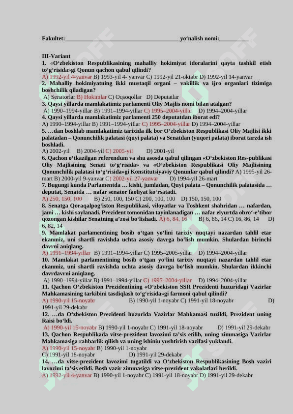 O`zbekistonning eng yangi tarixi fanidan yakuniy nazorat savollari 6