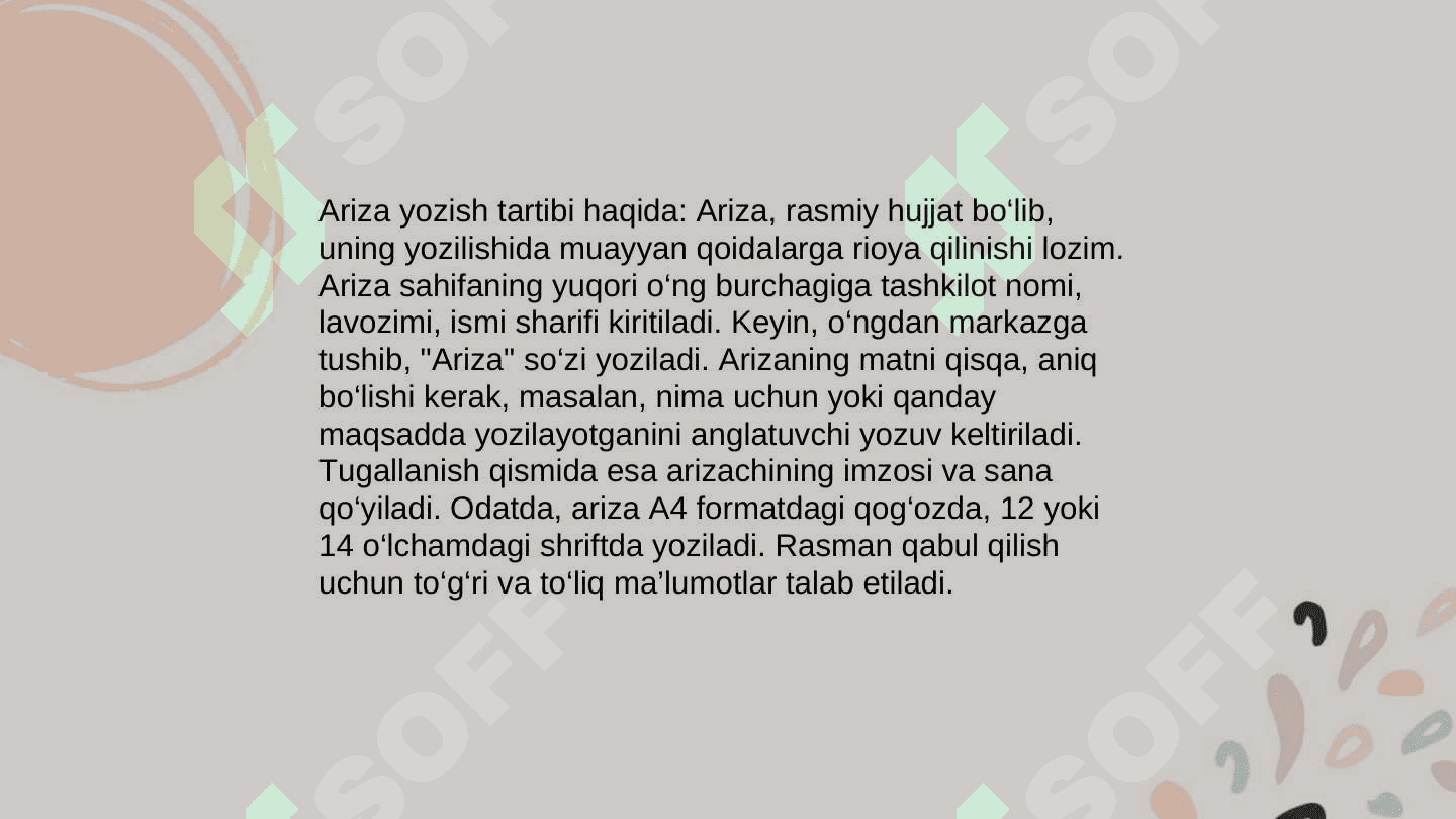 Ariza, bayonnoma, vasiyatnoma, dalolatnoma, ishonchnoma. Bildirishnoma, vasiyatno 3