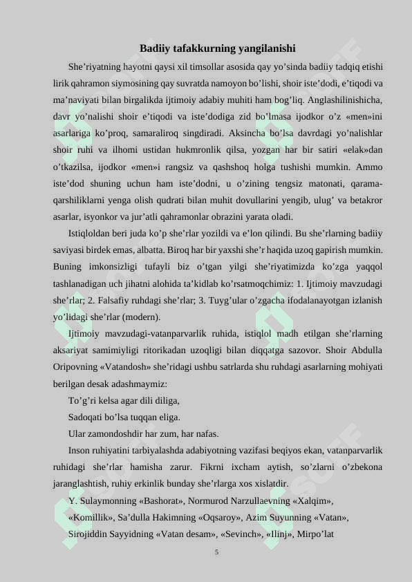 Hozirgi o’zbek she’riyatida ruhiy kechinma va badiiy ifoda 5