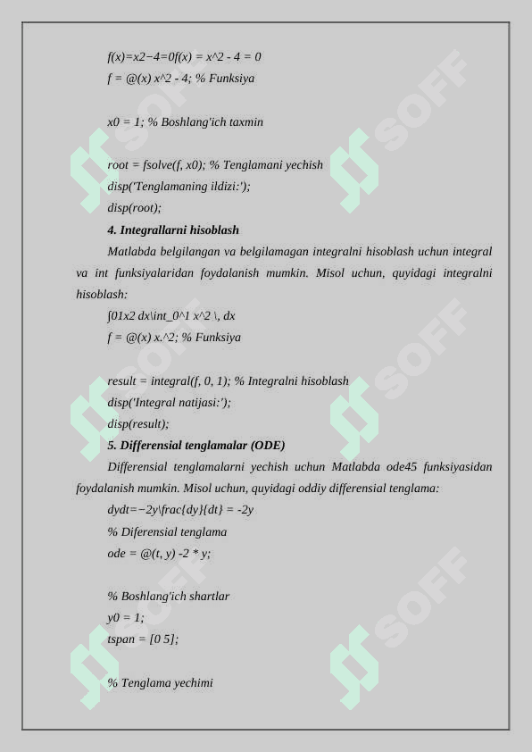 Qo'yilgan masalaning Matlab dastur imkoniyatlaridan foydalanib yechish 3