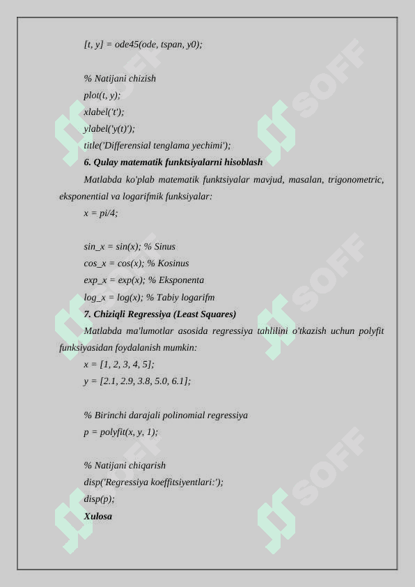 Qo'yilgan masalaning Matlab dastur imkoniyatlaridan foydalanib yechish 4