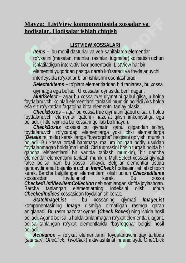 ListView komponentasida xossalar va hodisalar. Hodisalar ishlab chiqish 2