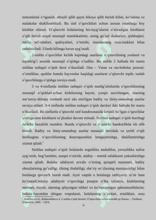 Sinfdan tashqari o'qish darslarida Shukur Sa'dulla ijodini o'rganish. 6