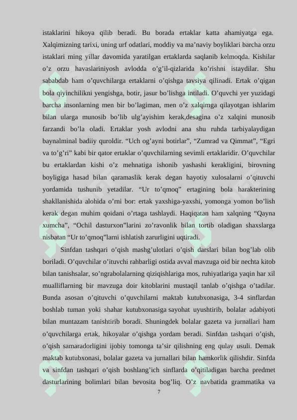 Sinfdan tashqari o'qish darslarida Shukur Sa'dulla ijodini o'rganish. 7