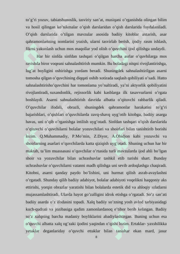 Sinfdan tashqari o'qish darslarida Shukur Sa'dulla ijodini o'rganish. 8