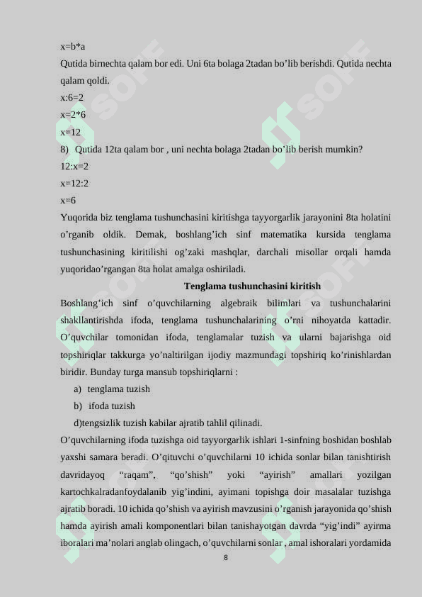 Tenglama va uni yechishga oʻrgatish 8