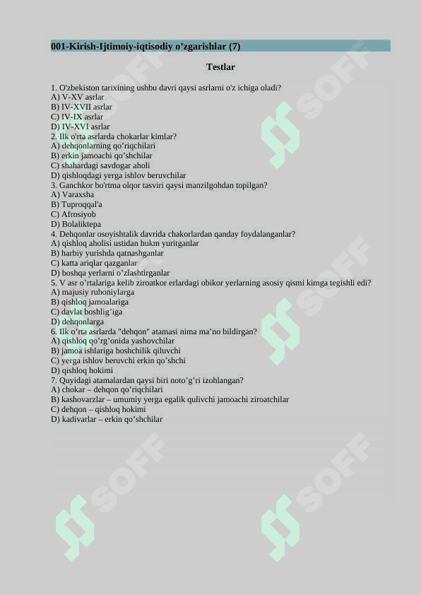 O'zbekiston tarixi 7-sinf testlar, savol-javoblar 3