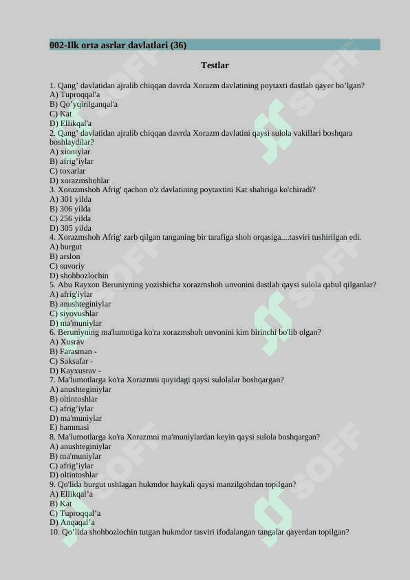 O'zbekiston tarixi 7-sinf testlar, savol-javoblar 4