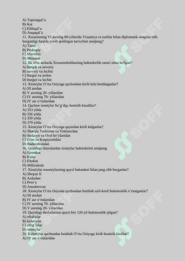 O'zbekiston tarixi 7-sinf testlar, savol-javoblar 5