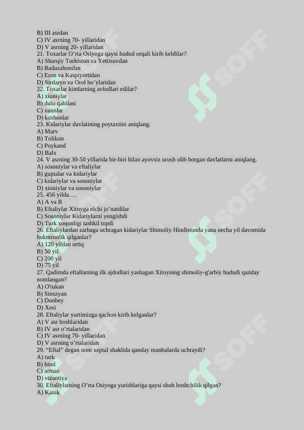 O'zbekiston tarixi 7-sinf testlar, savol-javoblar 6