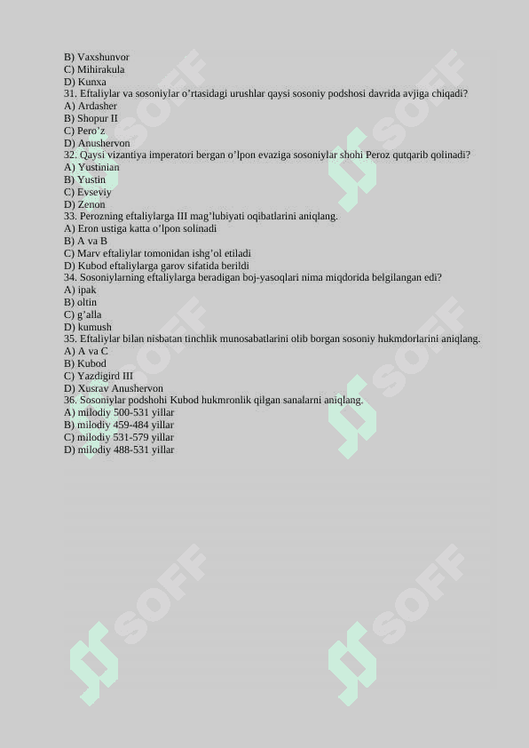 O'zbekiston tarixi 7-sinf testlar, savol-javoblar 7