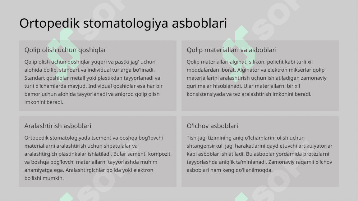 Stomatologiyaning turli bo‘linmalarida ishlatiluvchi asboblarni farqlash. 8