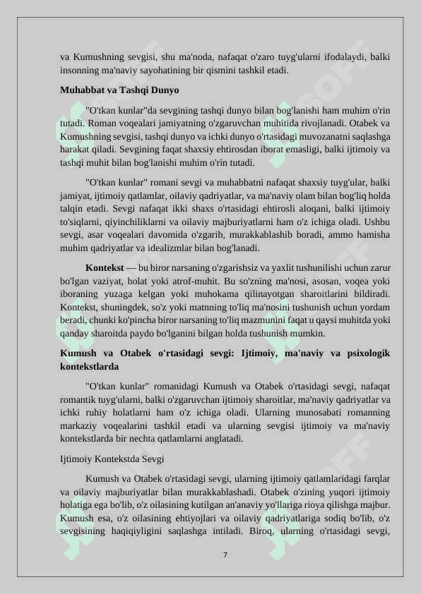 O‘tkan kunlar romanida sevgi muhabbat talqini mavzusi 7