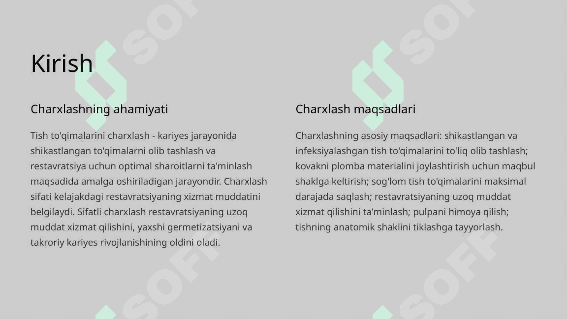 Tish qattiq to‘qimasini charxlash tamoyillari. 2