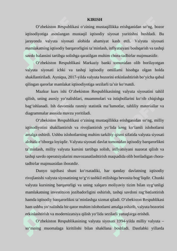 O‘ZBEKISTON RESPUBLIKASI VALYUTA SIYOSATI  KURS ishi 2