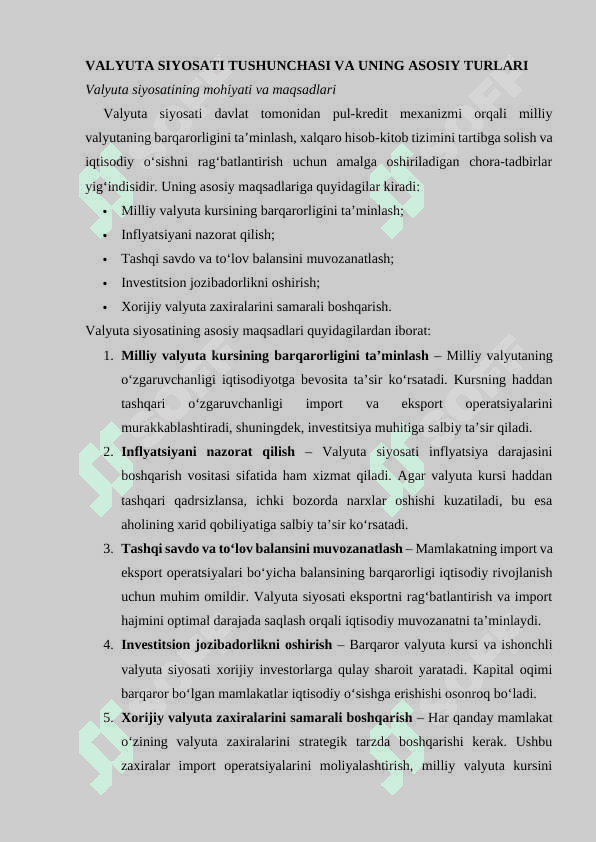 O‘ZBEKISTON RESPUBLIKASI VALYUTA SIYOSATI  KURS ishi 4