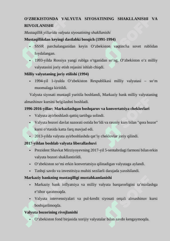 O‘ZBEKISTON RESPUBLIKASI VALYUTA SIYOSATI  KURS ishi 6