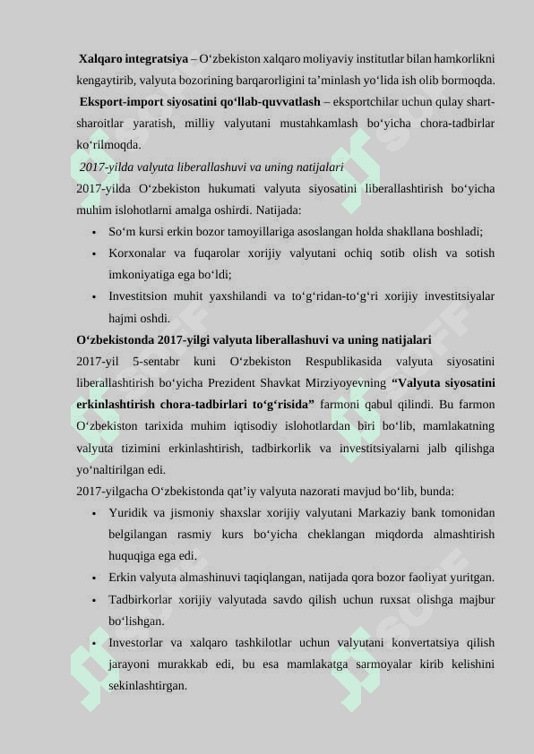 O‘ZBEKISTON RESPUBLIKASI VALYUTA SIYOSATI  KURS ishi 8