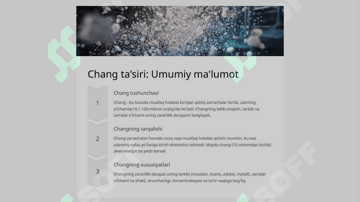 Mehnat sharoitida chang, shovrin va  tebranishni gigiyenik talablari hamda mehnat sharoitini kimyoviy moddalar bilan ifloslanganligini baholash. 3