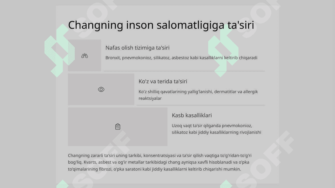 Mehnat sharoitida chang, shovrin va  tebranishni gigiyenik talablari hamda mehnat sharoitini kimyoviy moddalar bilan ifloslanganligini baholash. 5