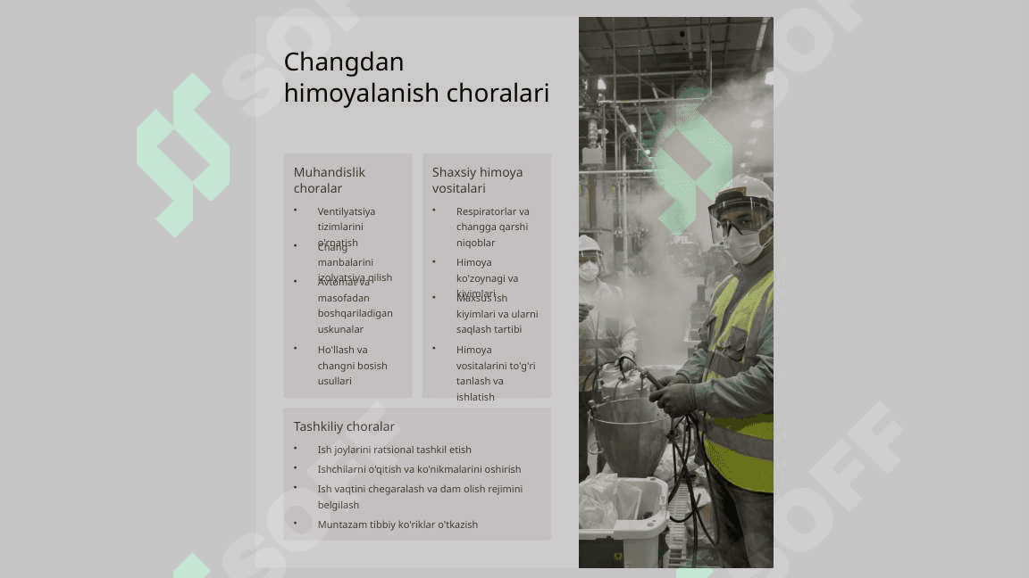 Mehnat sharoitida chang, shovrin va  tebranishni gigiyenik talablari hamda mehnat sharoitini kimyoviy moddalar bilan ifloslanganligini baholash. 8