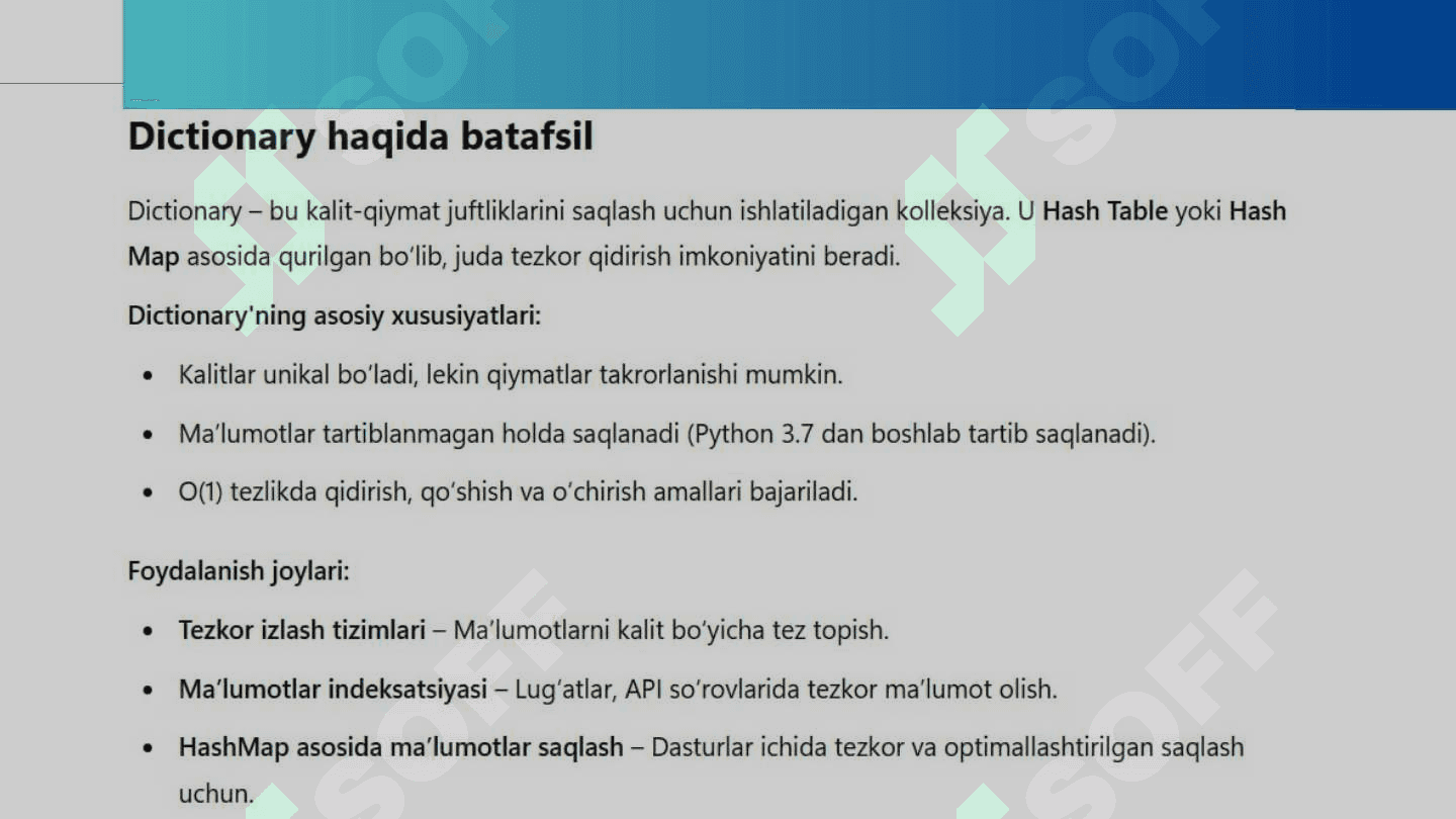 Sorted Set va Dictionary set kolleksiyalarining taqqoslanishi 4