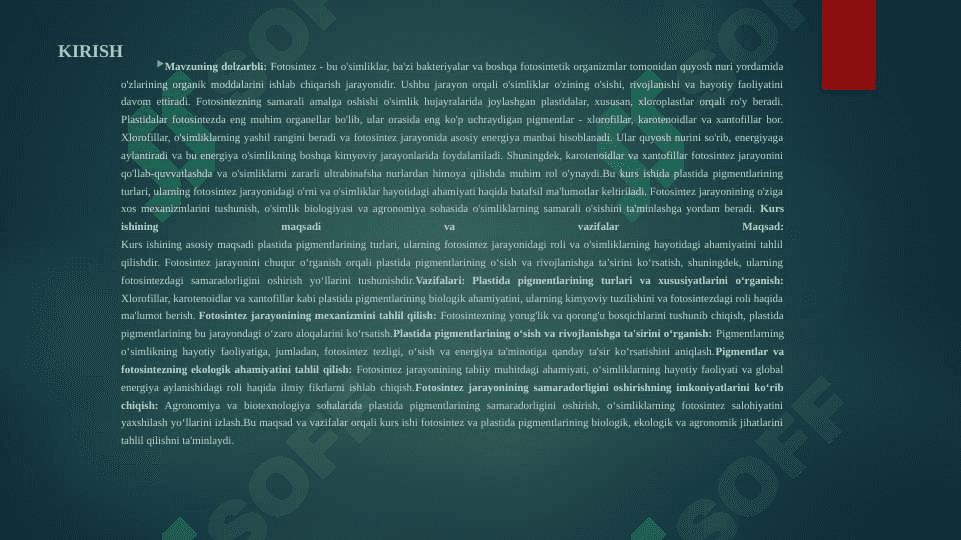 “Plastida pigmentlari va ularning fotosintezdagi o’rni” 2