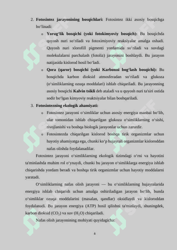 “O`simliklarning nafas olishi” 6