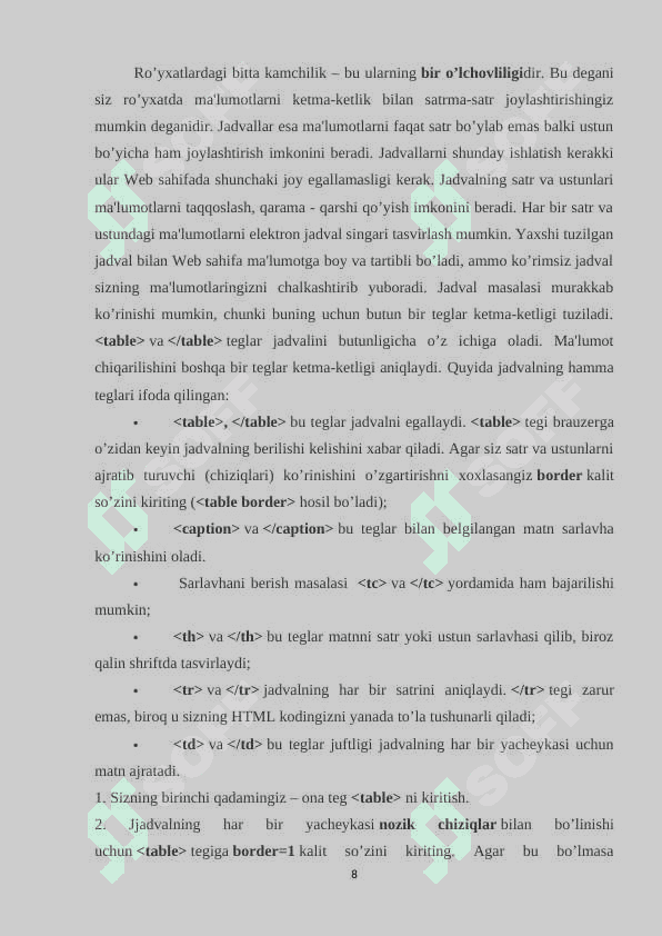HTML JADVALLARI BILAN ISHLASH 8