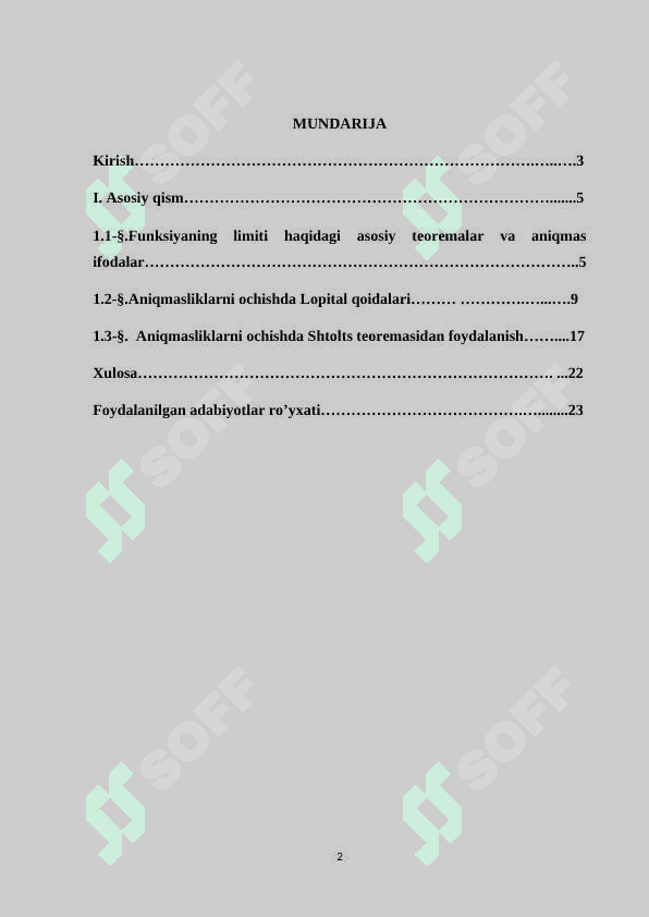 ANIQMASLIKLARNI OCHISH. LOPITAL QOIDALARI. 2