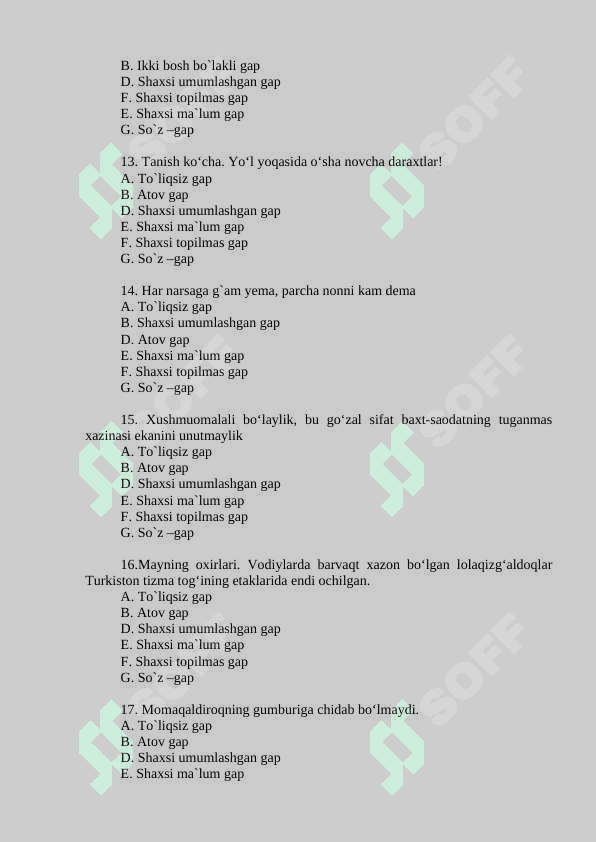 BIR BOSH BO'LAKLI GAPLAR TEST 3