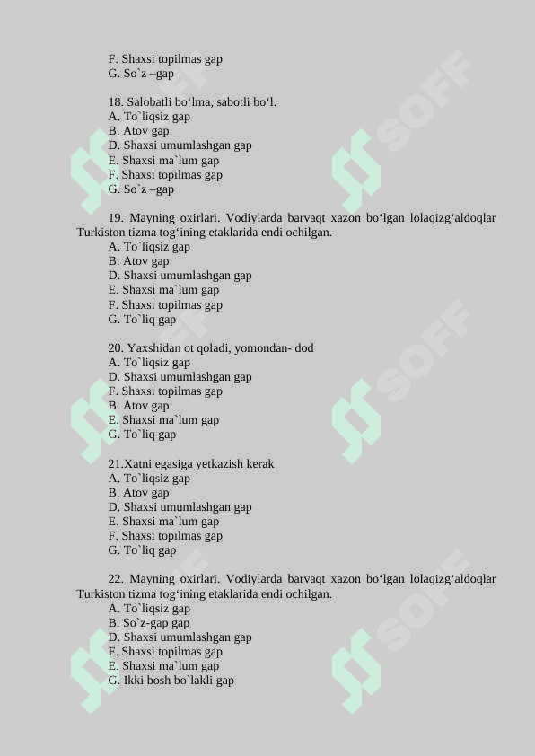 BIR BOSH BO'LAKLI GAPLAR TEST 4