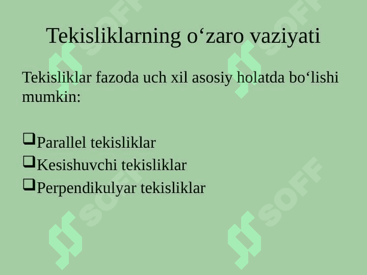Tekisliklarning o'zaro vaziyati 3