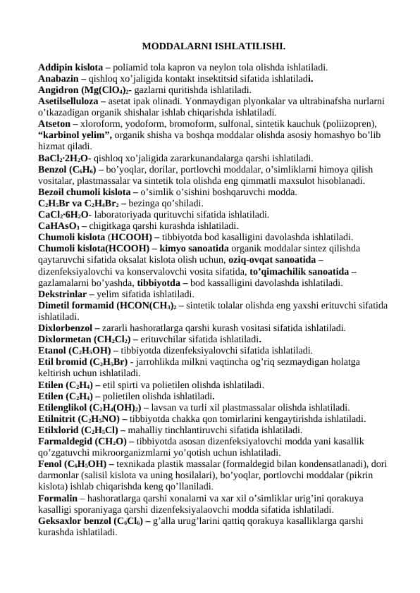 Moddalarni sohalarga ko'ra ishlatilishi