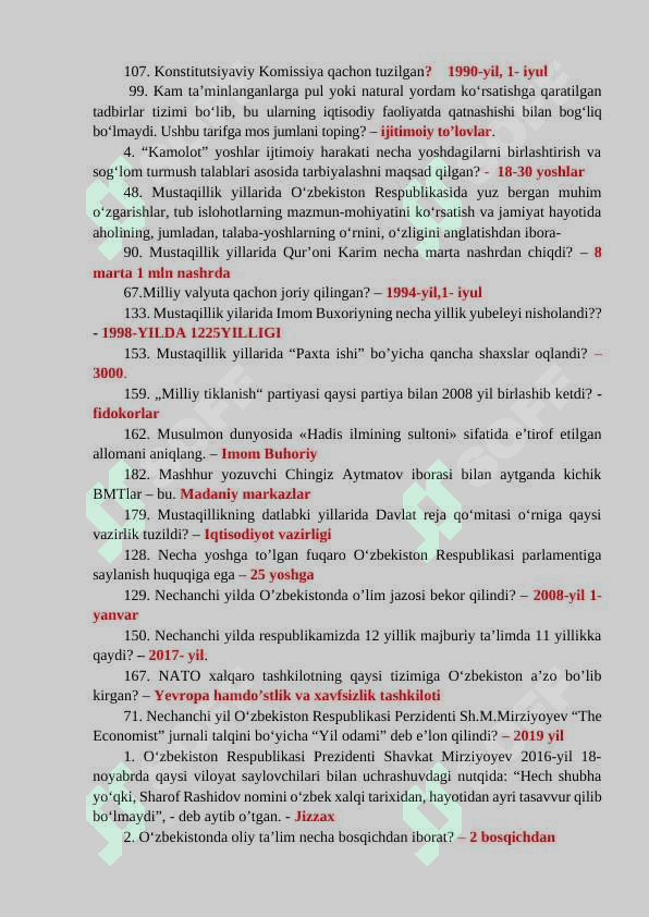 O'zbekiston Yangi tarix savollar javoblari bilan 2 3