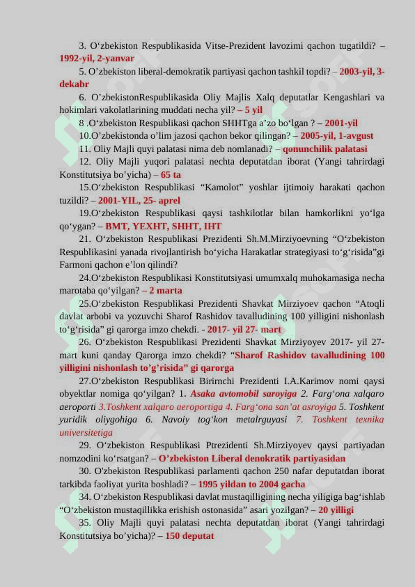 O'zbekiston Yangi tarix savollar javoblari bilan 2 4