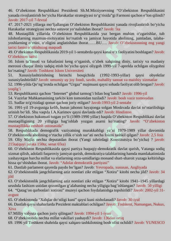 O'zbekiston Yangi tarix savollar javoblari bilan 3