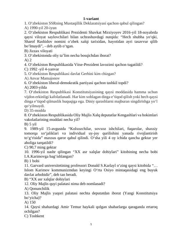 O'zbekistonning eng yangi tarixi test savollari 10 ta variant
